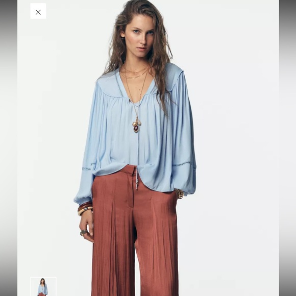 Zara Light Blue Blouse LADDER STITCH FLOWING BLOUSE - Picture 2 of 12